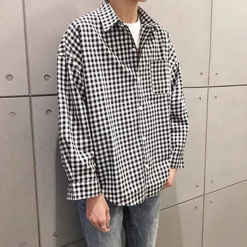 Spring Autumn New Fashion Turn-down Collar Long Sleeve Plaid Blouse Men's Clothing Simplicity Pocket Button All-match Y2K Shirts voguable