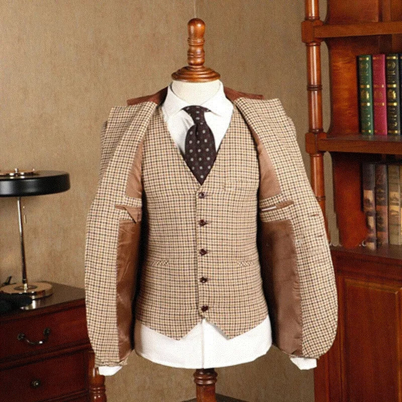 Brown Classic Plaid Tweed Suit for Men Slim fit Groom Wedding Tuxedo Blazer Male Formal Business Jacket Vest Pants 3 Piece voguable