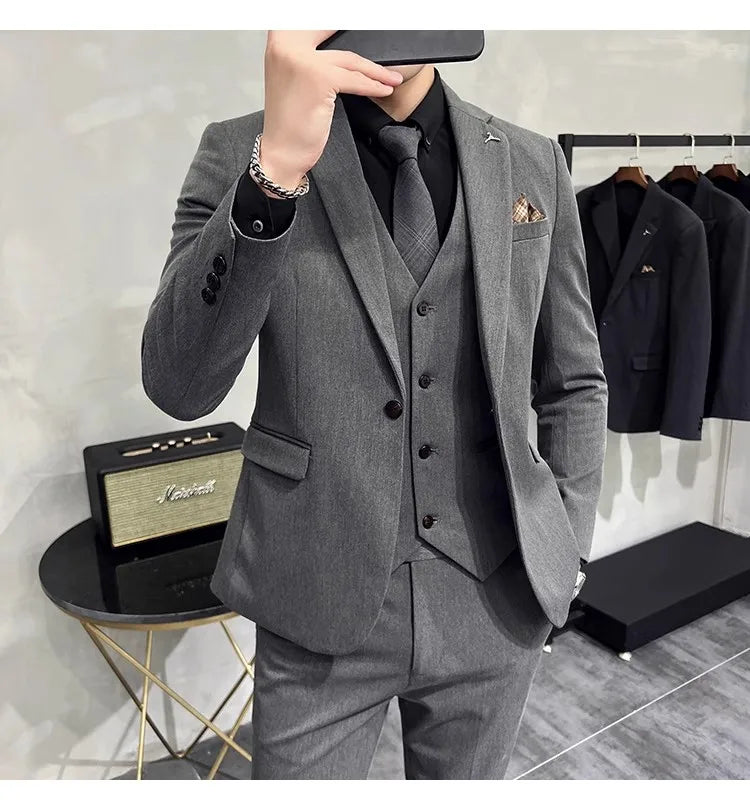 Voguable Men's Suit Jacket Vest Pants Fashion Boutique Plaid Casual Business Male Groom Wedding Tuxedo Dress 3 Pieces Set Blazers Coat voguable