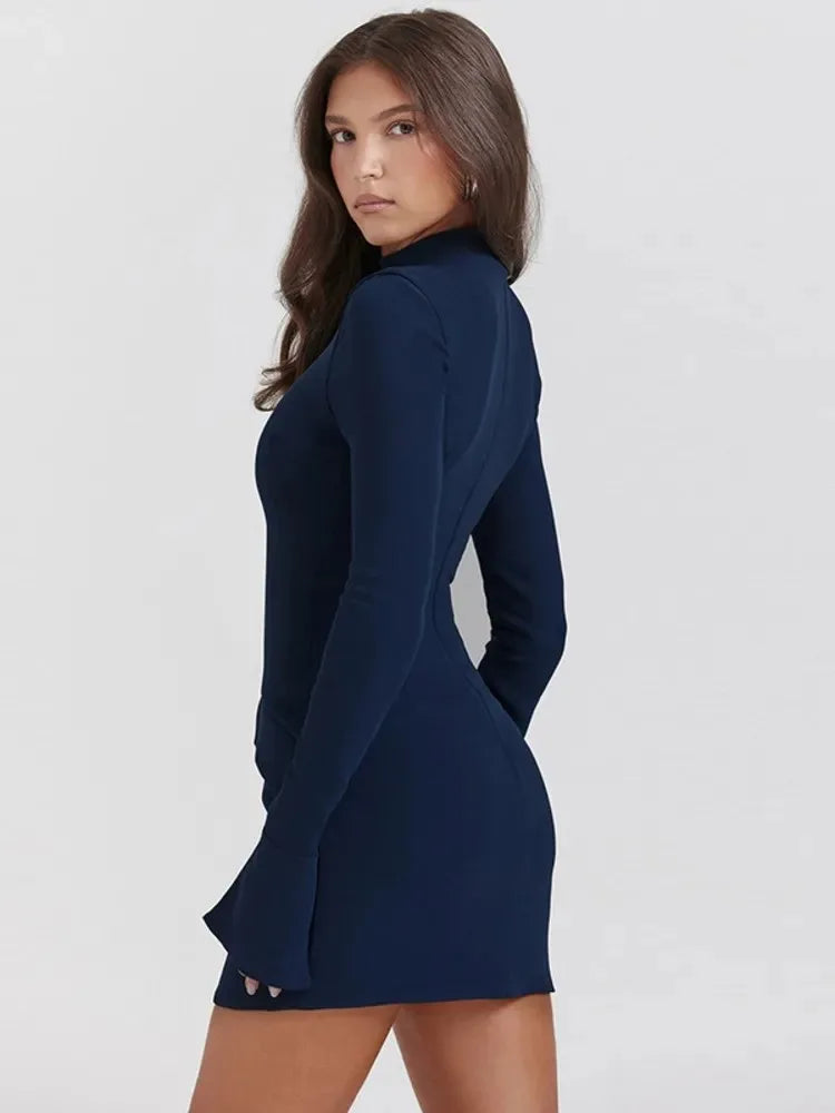 Elegant Dark Blue Solid High Waist Mini Dress Women Fashion Pocket decora Long Sleeve Bodycon Dresses  Chic Party Club Robes voguable