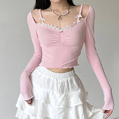 Voguable  Sweet Lace Stitching V-neck Skinny Top Pink Coquette Aesthetic Slim-fit Long Sleeve Knitted T-shirts Cute Casual Tees voguable