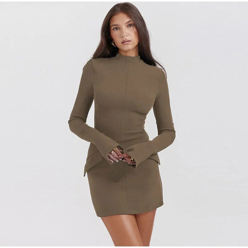 Elegant Dark Blue Solid High Waist Mini Dress Women Fashion Pocket decora Long Sleeve Bodycon Dresses  Chic Party Club Robes voguable