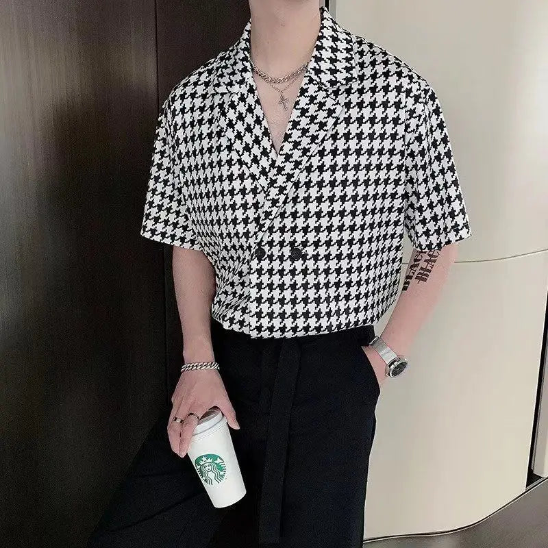 Korean Version Men Clothing Niche Design Fashion Houndstooth Shirts for Men Short Sleeve Suit Collar Loose Casual Hawaiian Shirt voguable