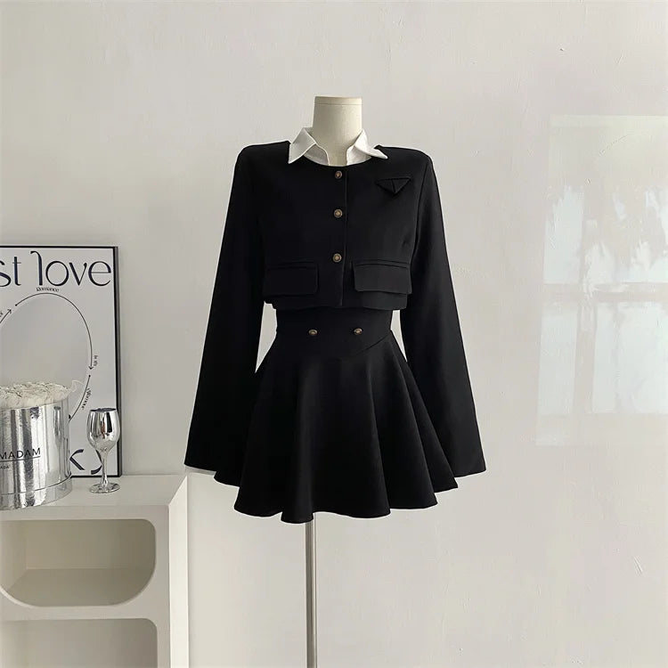 Voguable  Y2K 3 Piece Set Women Cropped Coat + Long Sleeve Shirt + High Waist Halter Ruffles Mini Dress Korean Chic Fashion Sexy Outfits voguable