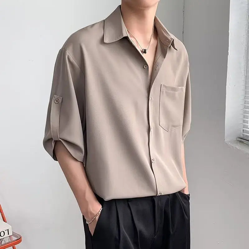 Solid Color Ice Silk Shirts for Men Short Sleeve Summer Drape Lapel Button Korean Loose Business Casual Top High-end White Shirt voguable