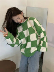 Voguable  Japan Vintage Women Plaid Sweater Oversize Loose Lazy Wind Knitted Pullover Preppy Style Casual Harajuku Fall Winter Top voguable