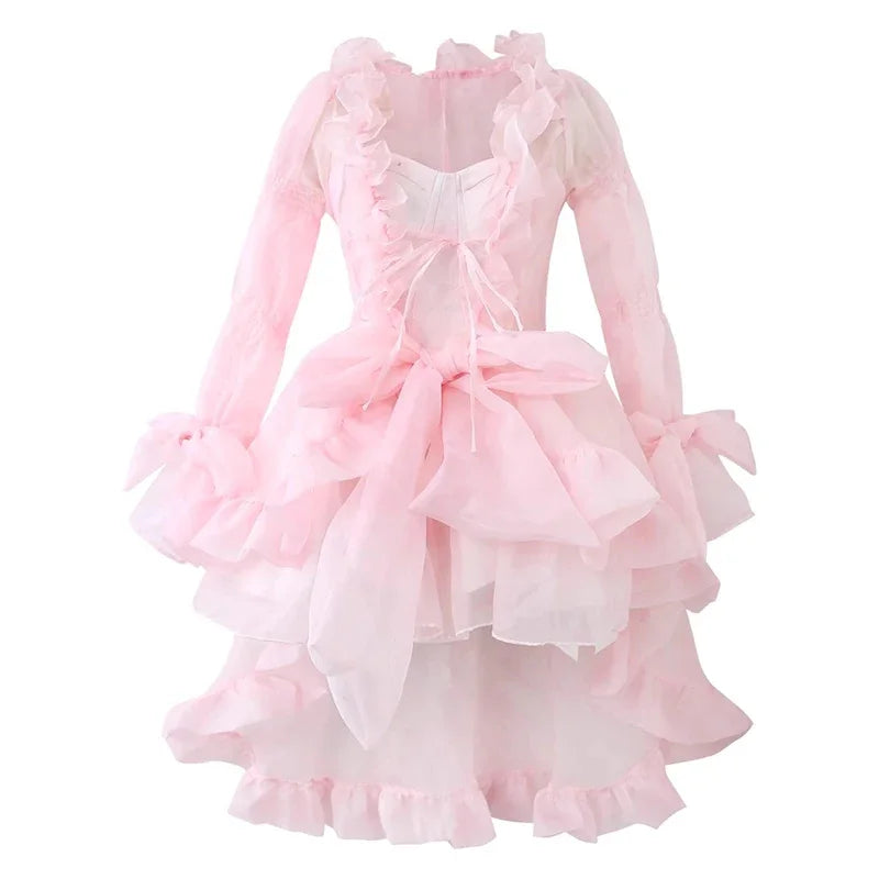 Voguable Kawaii Ruffle Puffy Women 3-piece Set Dress Underskirt Shawl Shrug Princess Pink Mini Evening High Low Dress Lolita Tutu Train voguable