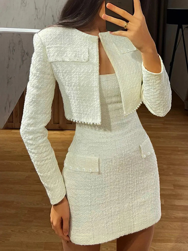 Mozision Pearl Dress Sets Women Autumn Long Sleeve Coat And Mini Dress Two Piece Sets Femme Sexy Strapless Dress Matching Sets voguable