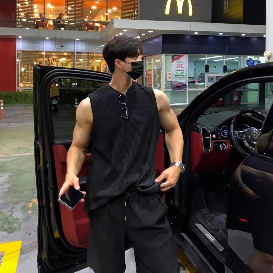 Men Clothing Summer Solid Color Vest Suits for Men Quick Drying Breathable Thin Ice Silk Top Sleeveless Fitness Tracksuit Men voguable