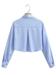 Voguable   New Fashion Women Solid Cropped Satin Shirt Vintage Long Sleeve Front Button Female Blouse High Street Chic Tops voguable