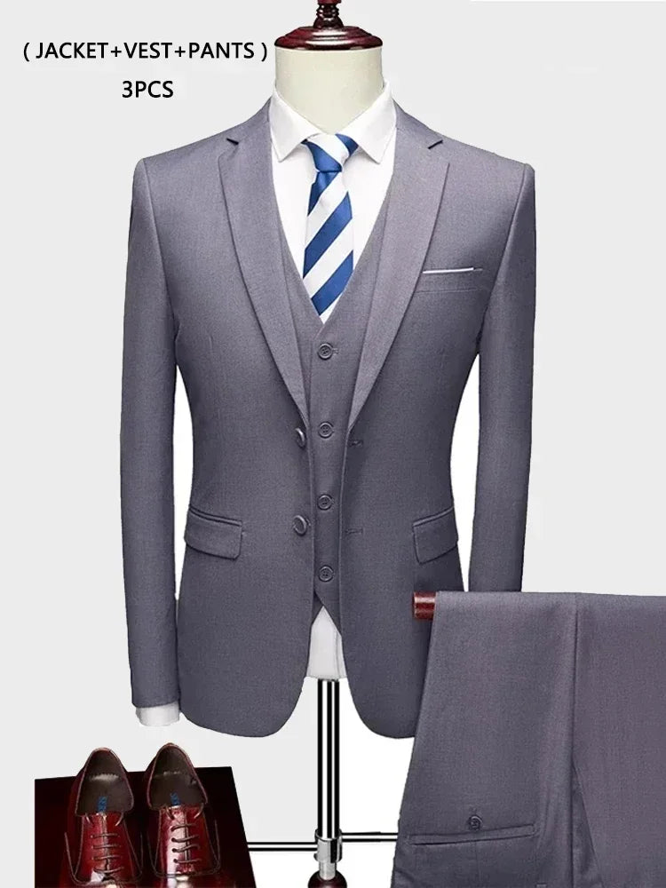 Voguable ( Jacket +Vest+ Pants ) Luxury Men's High-end Brand Solid Color Business Office Suit 3Pcs & 2Pcs Groom Wedding Party Suit Tuxedo voguable