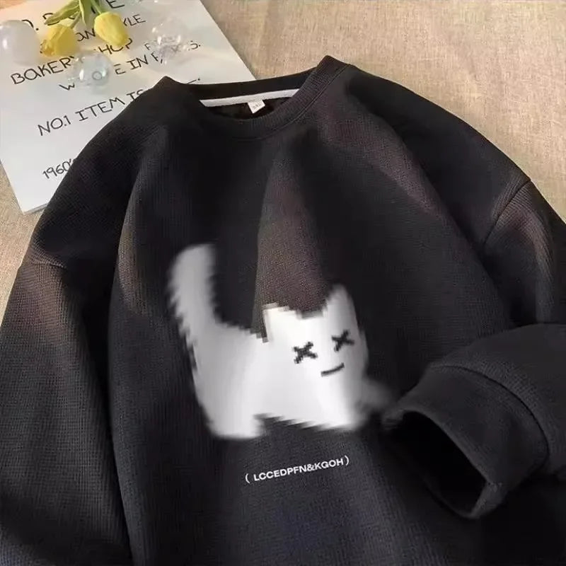 Voguable Streetwear Harajuku Waffle Cotton Kawaii Hoodies for Men O-Neck Oversized Sweatshirt Y2K Black Cat HIP HOP Punk Winter Clothes voguable