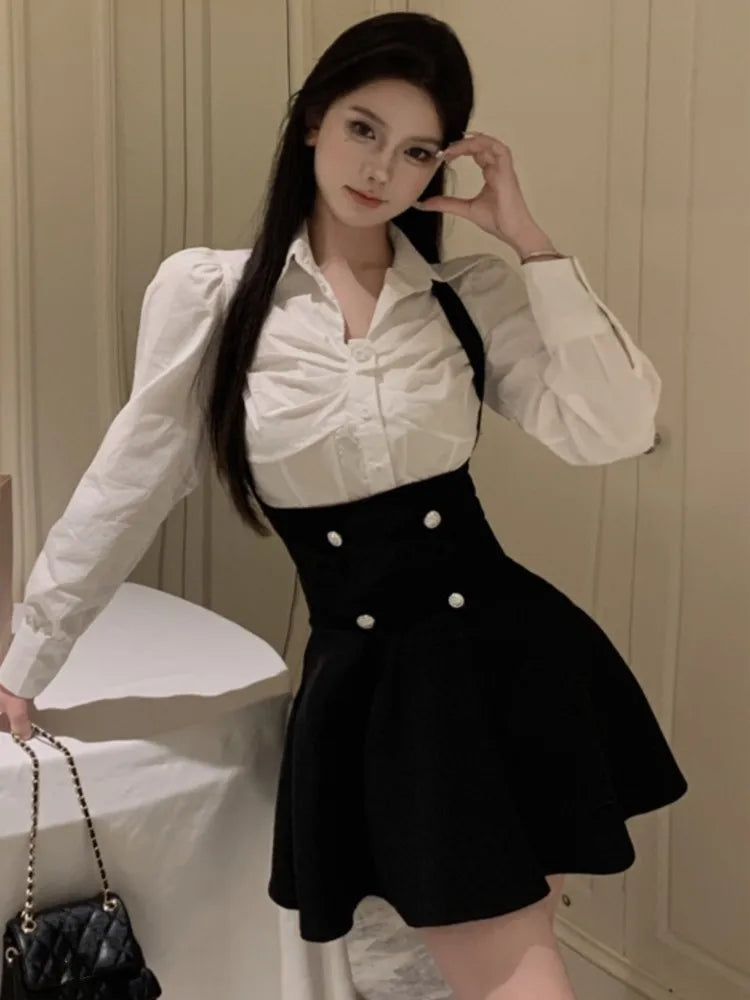 Voguable  Y2K 3 Piece Set Women Cropped Coat + Long Sleeve Shirt + High Waist Halter Ruffles Mini Dress Korean Chic Fashion Sexy Outfits voguable