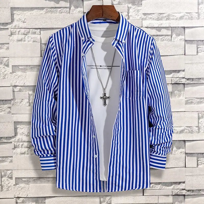 Spring Autumn New Fashion Striped POLO Collar Button Shirts Men's Clothing Long Sleeve Cardigan Korean Loose Trend Chic Blouses voguable