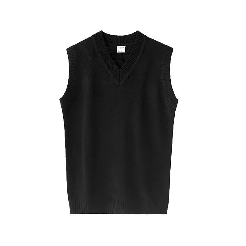 2023 New Autumn Acrylic Men's Sweater Vest V-neck Pullover Korean Solid Color Loose Casual Black Knitted Sweater Vest for Men voguable