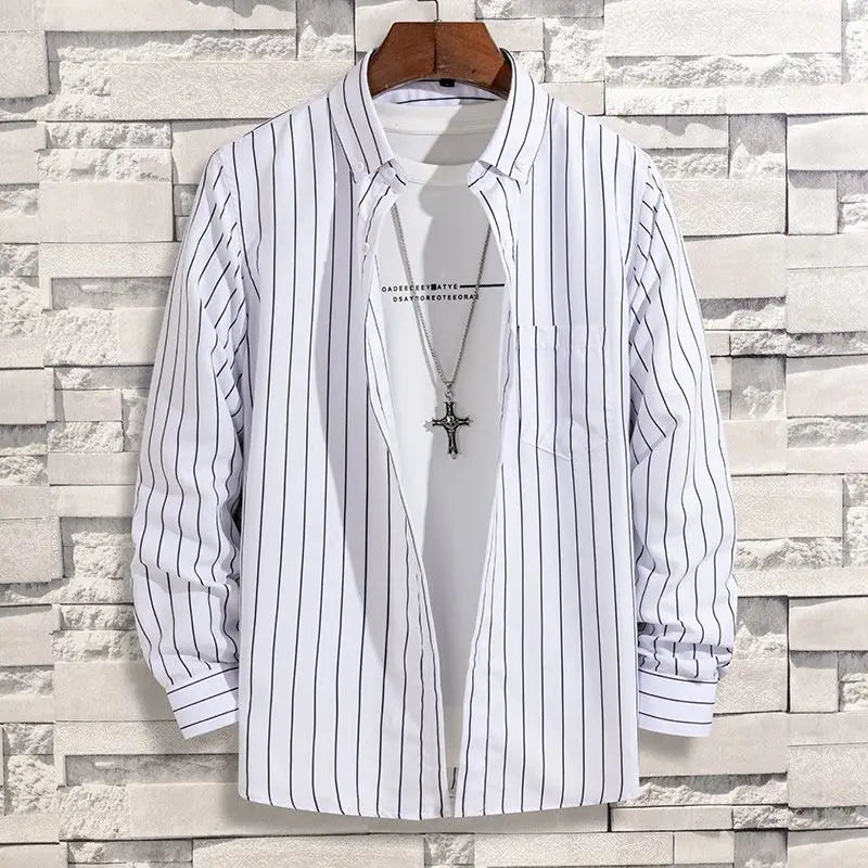 Spring Autumn New Fashion Striped POLO Collar Button Shirts Men's Clothing Long Sleeve Cardigan Korean Loose Trend Chic Blouses voguable