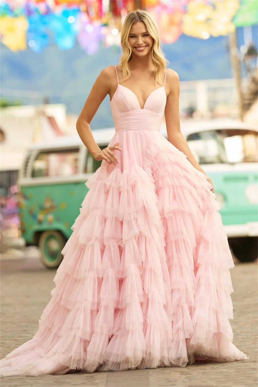 Voguable   Baby Pink Multilayer Prom Dress 2023 Princess Evening Dresses Tulle Sweep Train Party Dresses Sleeveless Robe voguable