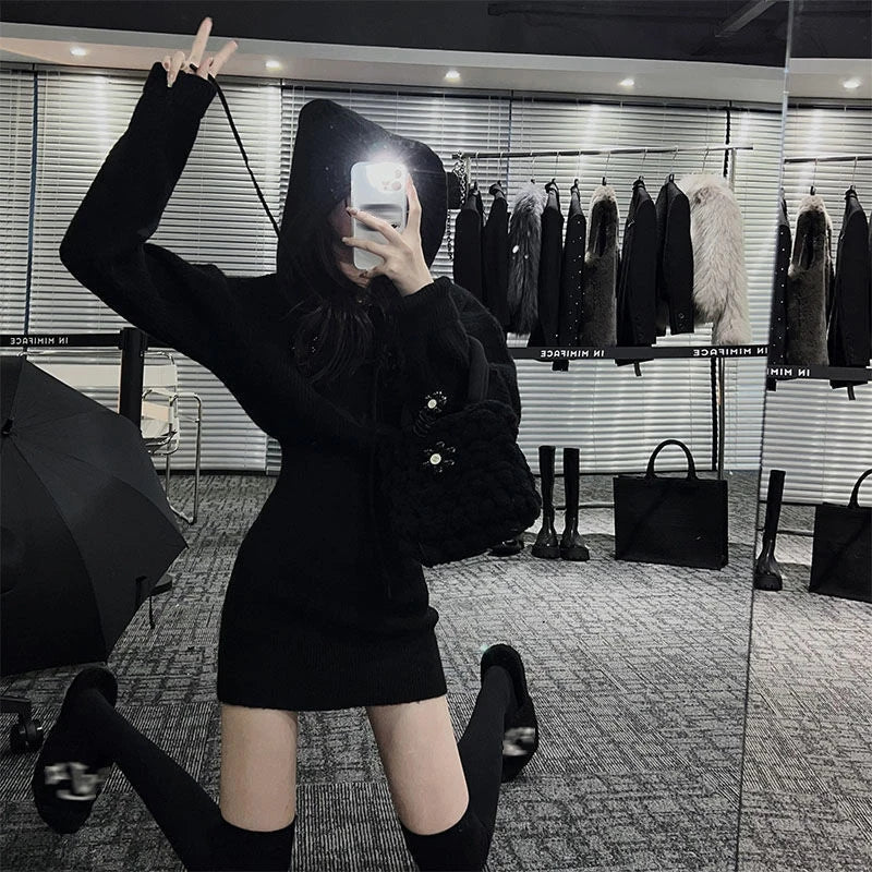 MEXZT Streetwear Knitted Mini Dress Women Hooded Sweater A Line Dresses Winter Korean Solid High Waist Slim Casual Vestidos New voguable