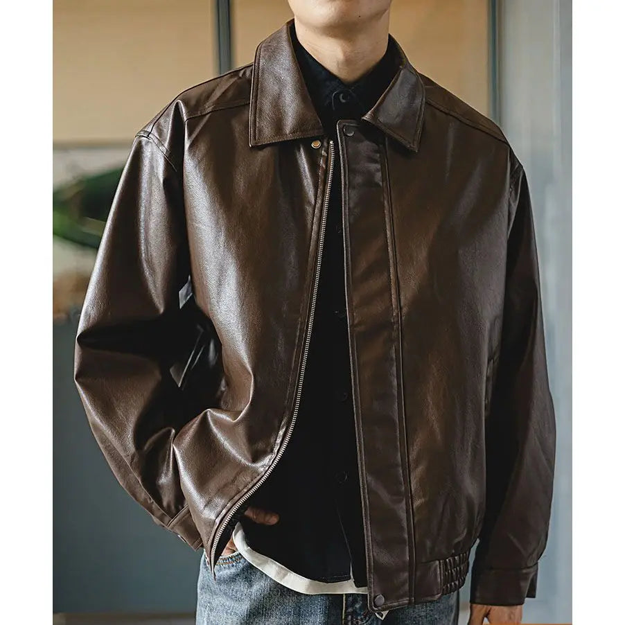 Brown PU Motorcycle Leather Jackets for Men Autumn New Lapel Zipper American Vintage Loose Maillard Leather Jacket Men Coats voguable