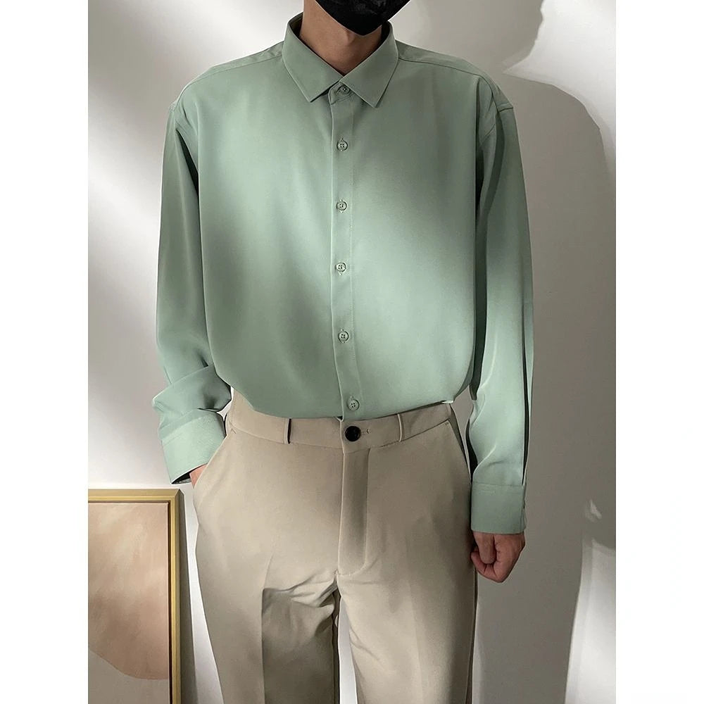 Spring New Senior Coffee Color Solid Long Sleeve Mens Shirts Korean Version Loose Chiffon Silk Shirt Men Casual Fashion Blouse voguable