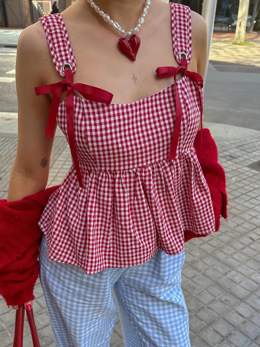 Women Plaid Tank Tops Spaghetti Strap Square Neck Peplum Cami Top Ruffle Smocked  Going Out Camisole voguable