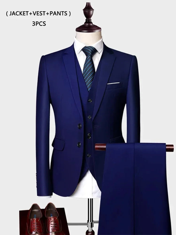 Voguable ( Jacket +Vest+ Pants ) Luxury Men's High-end Brand Solid Color Business Office Suit 3Pcs & 2Pcs Groom Wedding Party Suit Tuxedo voguable