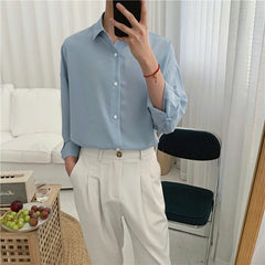 2023 Spring New Shirt Men Blue Simple Silk Shirt Long Sleeve Solid Color Loose Casual Fashion Designer Men Dress Shirt Blouses voguable