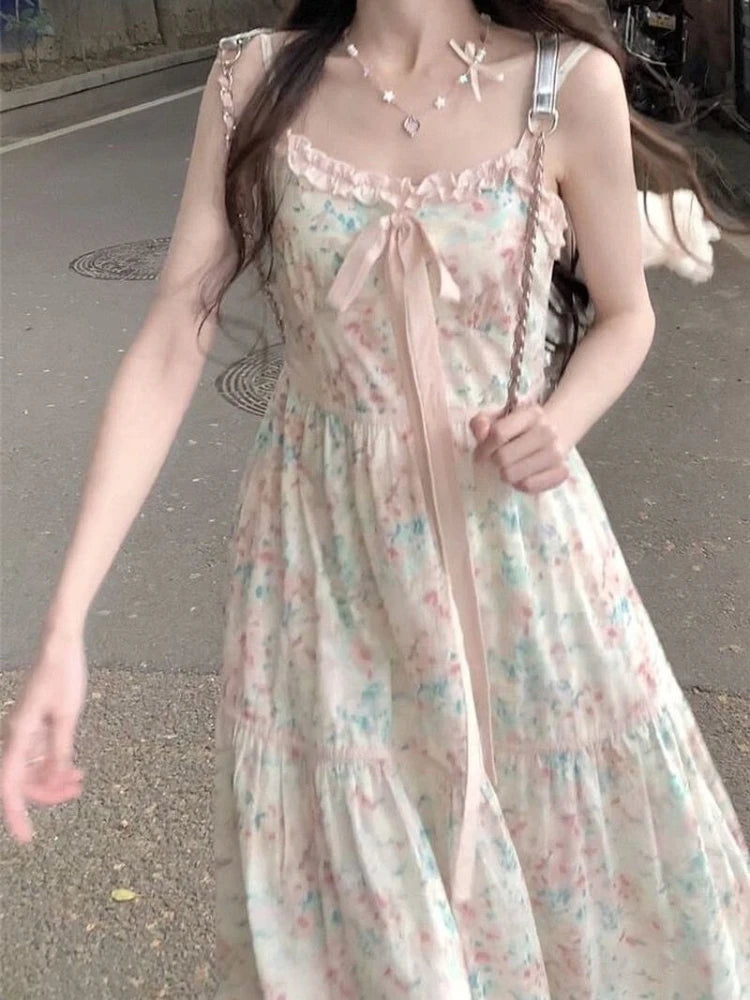 2024 Summer New Japanese Kawaii Y2k Midi Dress Women Casual Sweet Bow Splicing Flower Print Dress Korean Fashion Evening Party voguable