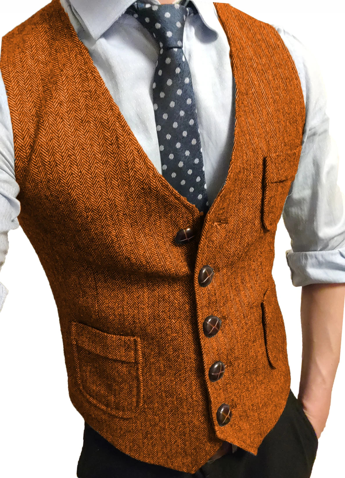 Men's Formal Suit Vest V-Neck Tweed Herringbone Waistcoat Business Dress Suit Vests for Wedding voguable