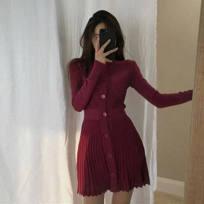 MEXZT Knitted Pleated Mini Dress Women Vintage Black Sweater Dresses Winter Korean Elegant Long Sleeve Pink Bodycon Vestidos New voguable