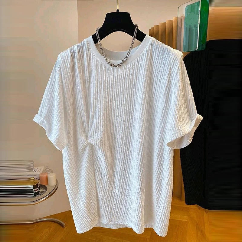 Summer Men's Clothing Luxury Korean Popular O Collar T-shirt  Streetwear Leisure Short Sleeve Solid Color Retro Fashion Textured voguable