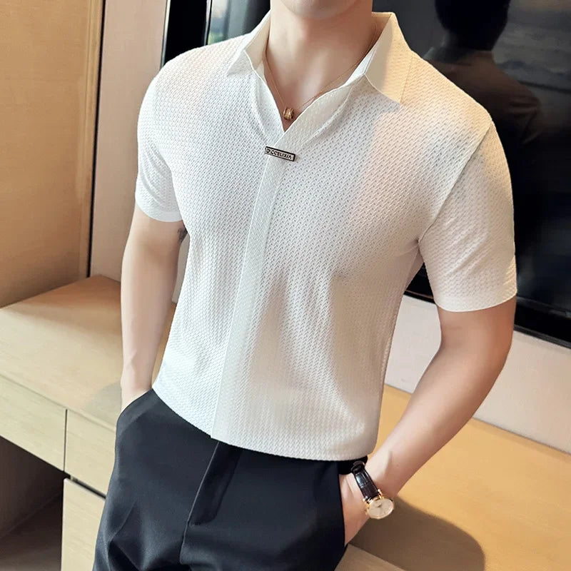 Men Waffle Polo Shirt 2024 British Style Summer Ice Silk Thin Solid Casual Elastic Slim Fit Short Sleeved T-shirt Men Clothing voguable