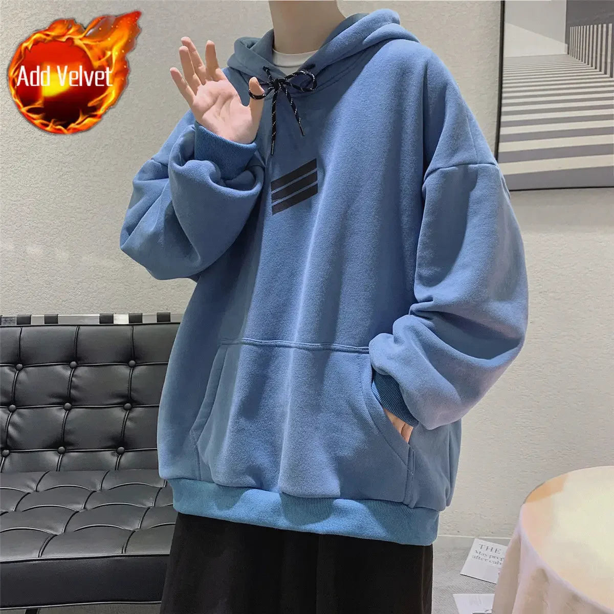 Voguable  Hoodies Male Clothes Hip Hop Hooded Blue Sweatshirt For Men Emo Warm High Quality Luxury S Sweat Shirt Wholesale Low Price voguable