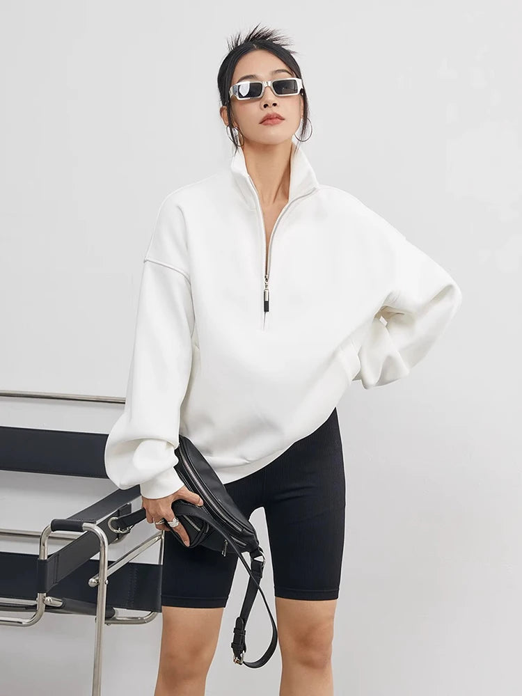 Casual Sweatshirts Half Zip Women Pullover 2024 New Overzised Hoodie Solid Color Stand Collar Long Sleeve Tops voguable