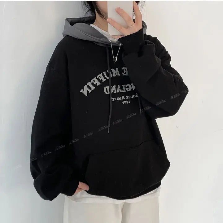 Hooded sweatshirt for women 2024 new spring, autumn and winter thin plus velvet cotton top hip-hop lazy style stylish splicing voguable