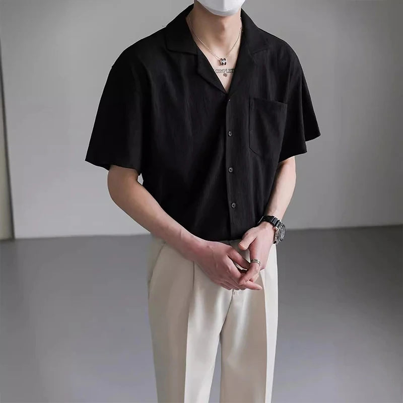 Summer Men's Clothing Light Luxury Suit Neck Shirt Korean Striped Short Sleeve Button-down Retro Fashion Streetwear Leisure voguable