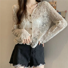 Spring Summer Korean Design Sense Hook Flower Hollow Lace Shirt Senior Sense Foreign Air V-Neck Long Sleeve Sun Protection Tops voguable