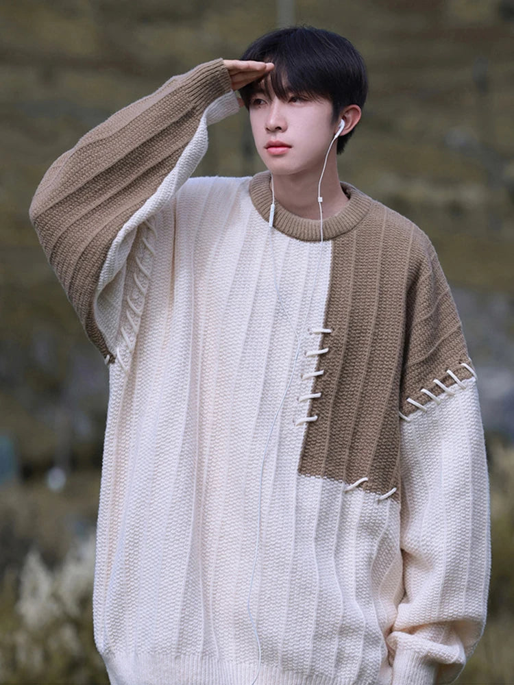 Voguable Knitted Sweater Men Pullover Oversize Sweaters Male Winter Harajuku Casual Streetwear Patchwork Autumn Hip Hop Spliced voguable