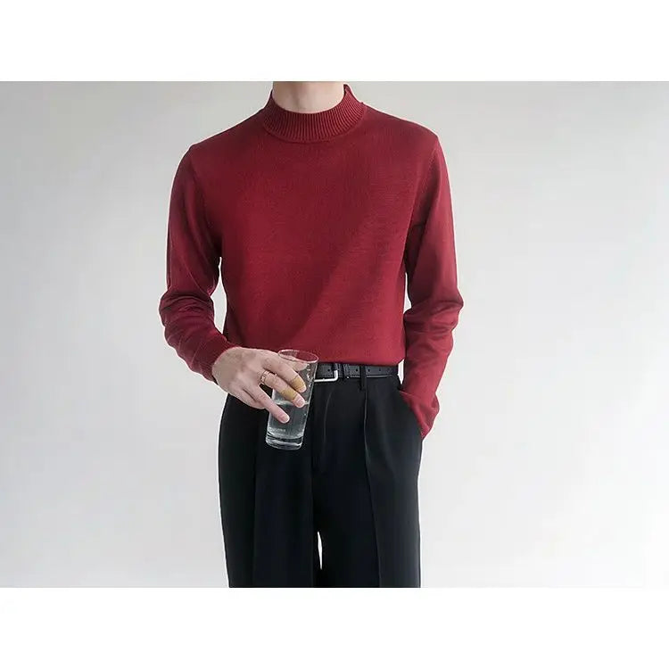 Autumn Men Clothing Black Half Turtleneck Knitted Sweater Men Korean Style Bottoming Shirt Slim Fit Solid Color Knitted Pullover voguable