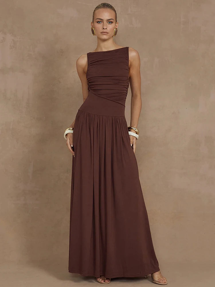 Mozision Elegant Sleeveless Maxi Dress For Women Fashion Solid Boat Neck Tank Dresses Ladies Sexy Ruched Long Dress New Gown voguable