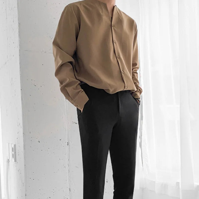 Autumn Khaki Long Sleeve Shirts for Men New Korean Niche Design Collarless Slim Non-iron Irregular Solid Color Shirt Men voguable