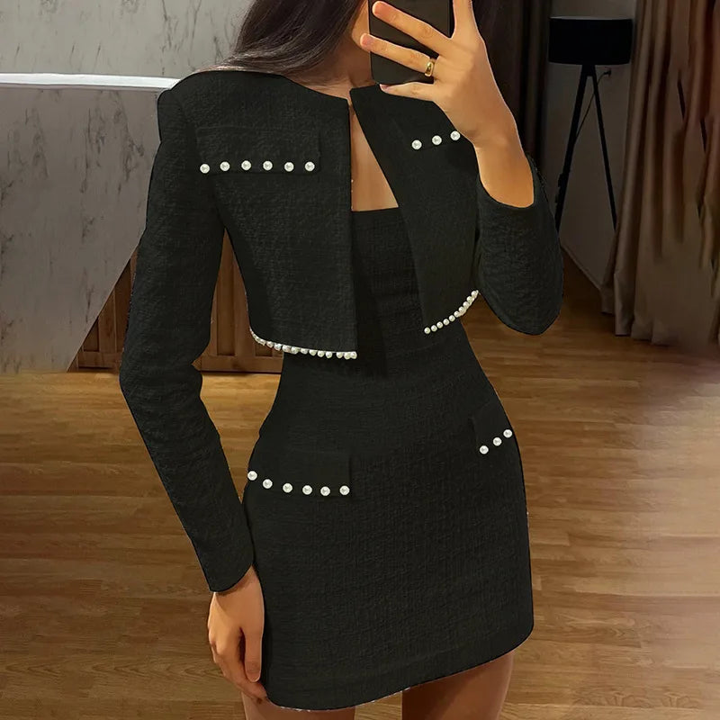 Mozision Pearl Dress Sets Women Autumn Long Sleeve Coat And Mini Dress Two Piece Sets Femme Sexy Strapless Dress Matching Sets voguable