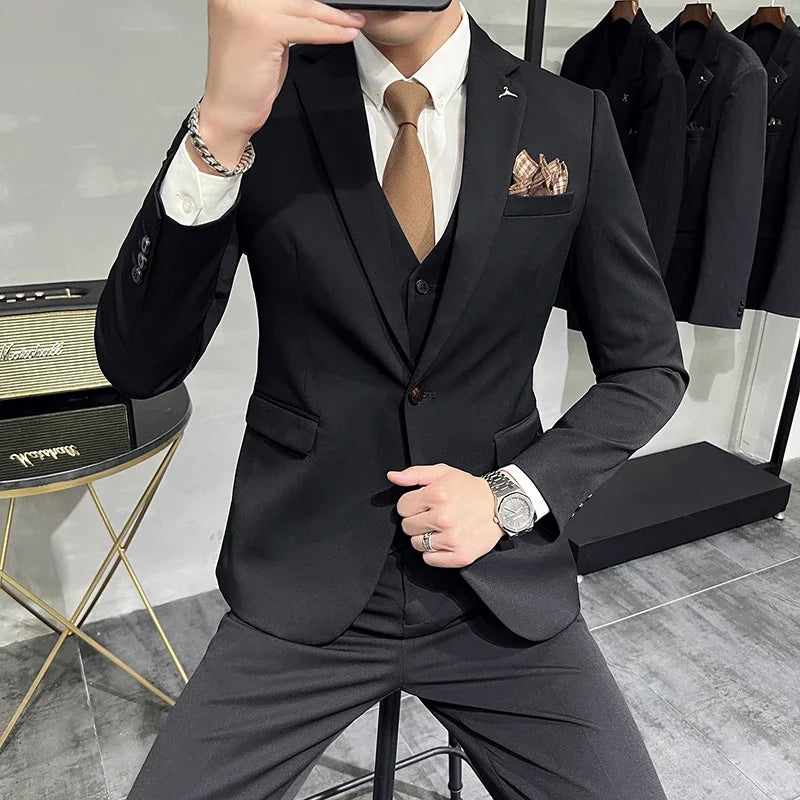 Voguable Men's Suit Jacket Vest Pants Fashion Boutique Plaid Casual Business Male Groom Wedding Tuxedo Dress 3 Pieces Set Blazers Coat voguable