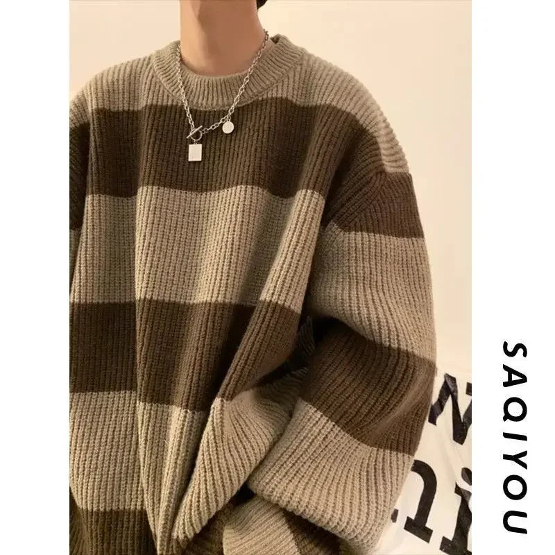 Korean style patchwork striped sweater for men in autumn and winter lazy loose knitted sweater round neck retro trendy sweater voguable