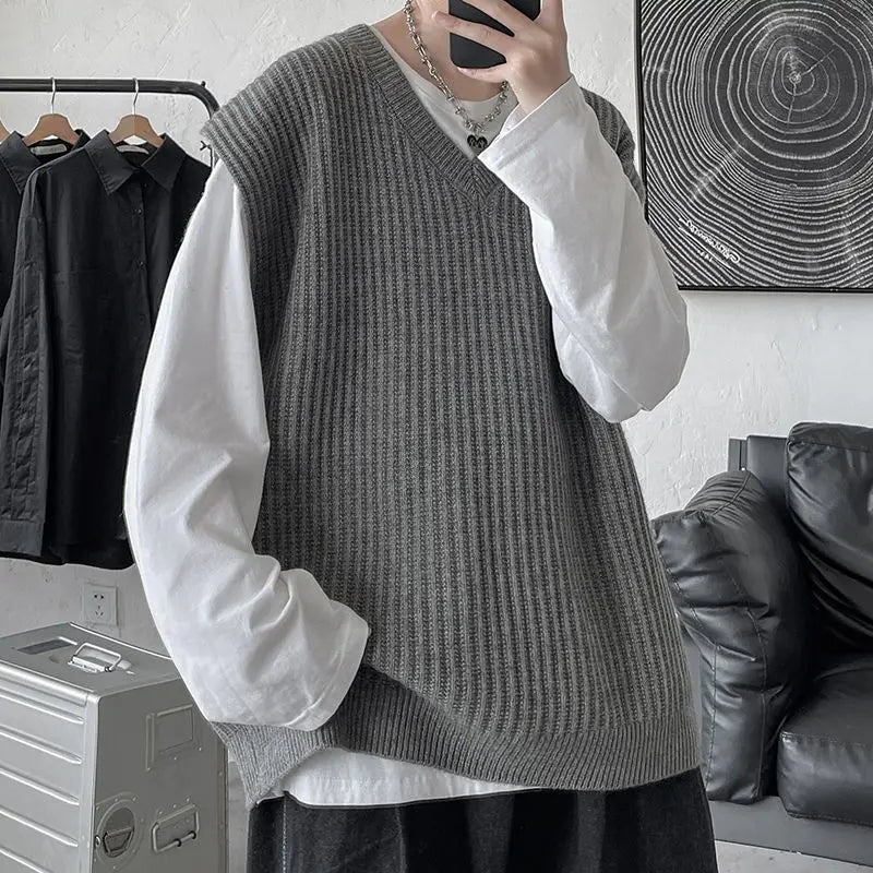 2023 Autumn and Winter V-neck Sweater Vest Men Solid Color Acrylic Sleeveless Ins College Style Harajuku Knitted Sweater Men voguable