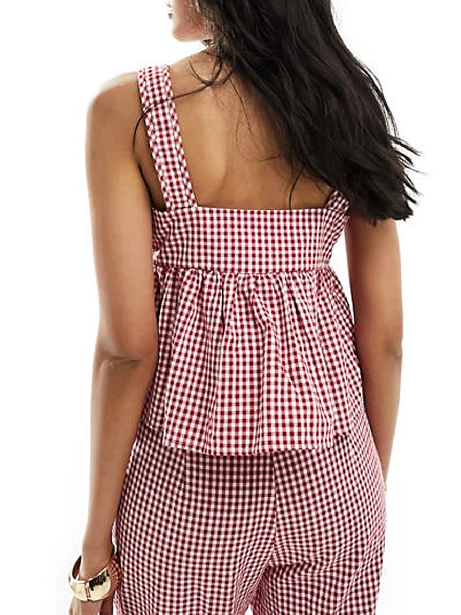 Women Plaid Tank Tops Spaghetti Strap Square Neck Peplum Cami Top Ruffle Smocked  Going Out Camisole voguable