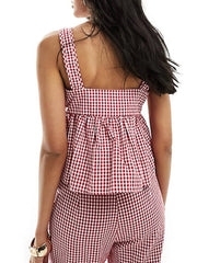 Women Plaid Tank Tops Spaghetti Strap Square Neck Peplum Cami Top Ruffle Smocked  Going Out Camisole voguable