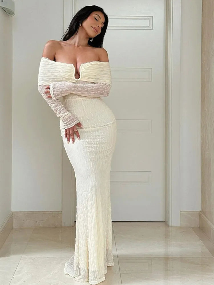 Mozision Off-shoulder Long Sleeve Sexy Maxi Dress For Women Fashion Strapless Backless Bodycon Club Elegant Long Dress Partywear voguable