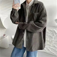 Voguable  Spring Autumn Korean Corduroy Loose Button Blouse Man Long Sleeve Fashion Solid Pocket Male Shirt All Match Streetwear Clothes voguable