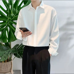 2024 High-end All-match Thin Ice Silk Shirts for Men Long Sleeve Hidden Buttons Loose Business Casual Luxury Drape White Shirt voguable